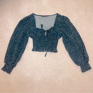 SHEIN Teal Polka Dot Smocked Top XS | Long Sleeve Tie Front Crop Blouse